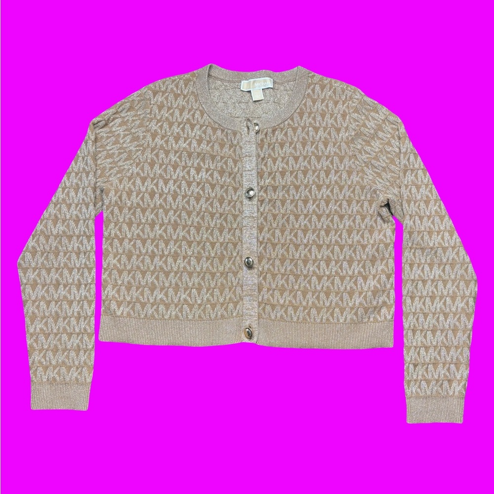 MICHAEL Michael Kors Tan Logo Cardigan With Gold Detail Size L